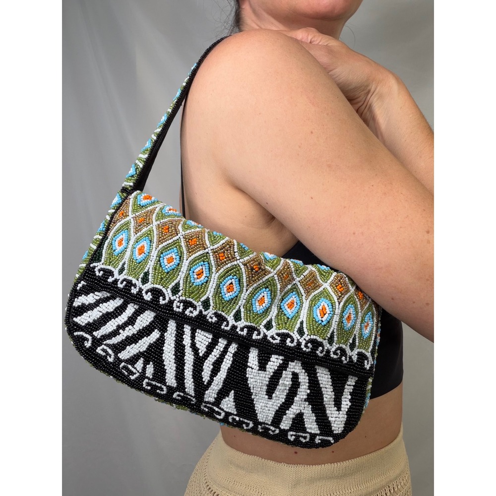 Cache Vintage Y2K Beaded Baguette Shoulder Bag Zebra Geometric Animal Print - Picture 15 of 16